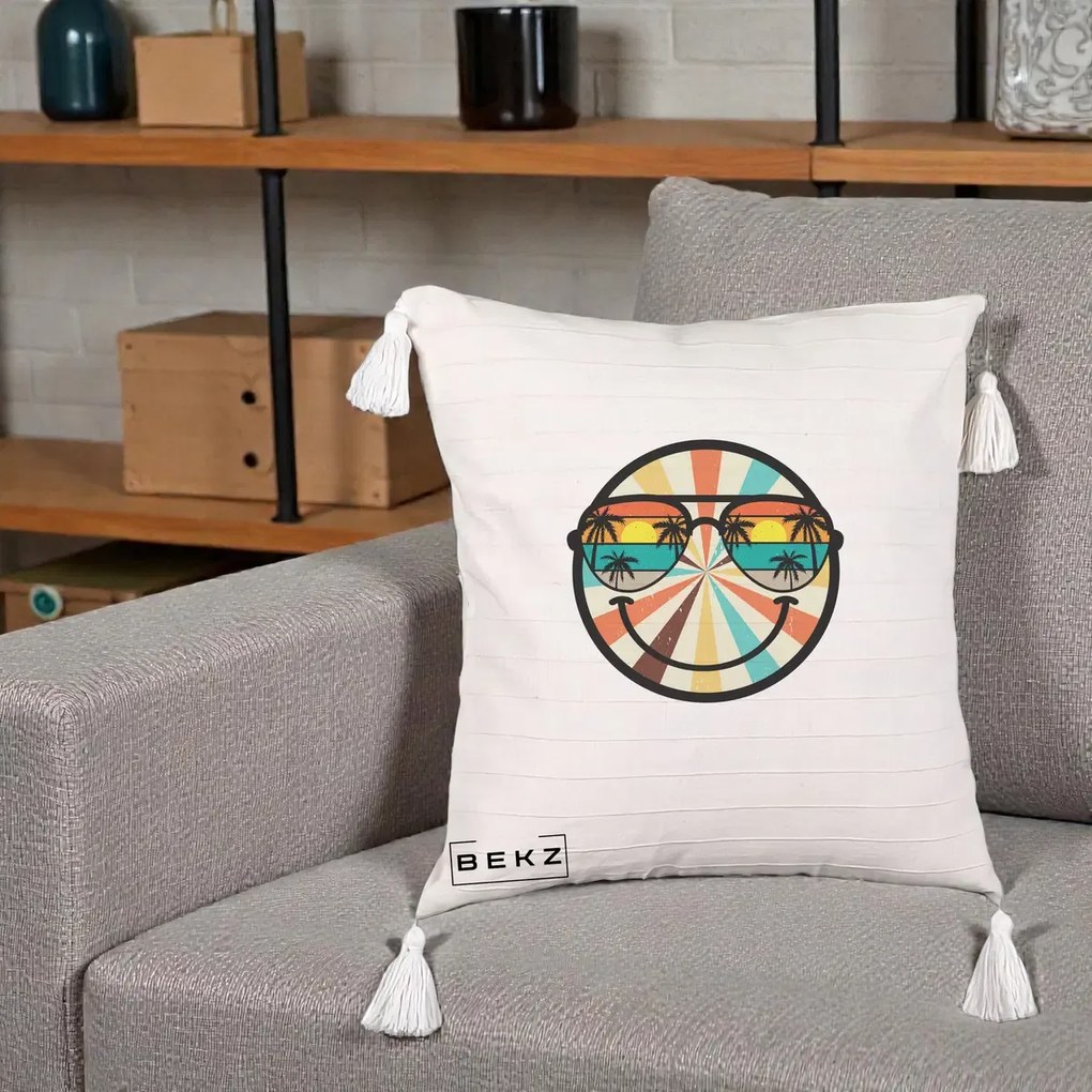 Perna Decorativa Smiley Face Retro Sunset Palmieri, 40x40 cm, Bej cu Franjuri, Husa Detasabila, Perna Inclusa, BEKZ®
