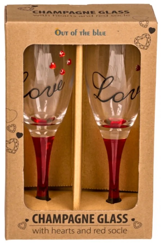 Set 2 pahare, de șampanie, cu inimioare, bază roșie, mesaj Love, 20 cm