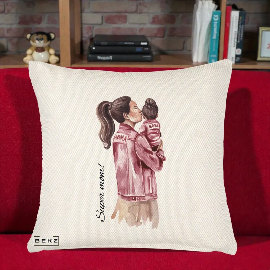 Cadou pentru Mama - Perna Personalizata Super Mom Jachete Roz, 40x40 cm, Crem Reliefat, Husa Detasabila, Perna Inclusa, BEKZ®