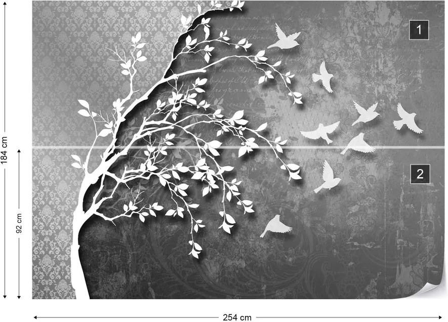 GLIX Fototapet - Grey Birds And Tree Modern Illustration Vliesová tapeta  - 254x184 cm