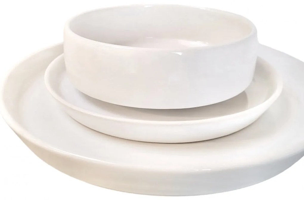 Set Farfurii 18 piese Albe Casablanca: 6 Farfurii Mari, 6 Desert 6 Boluri - Ceramica Manuala de Lux