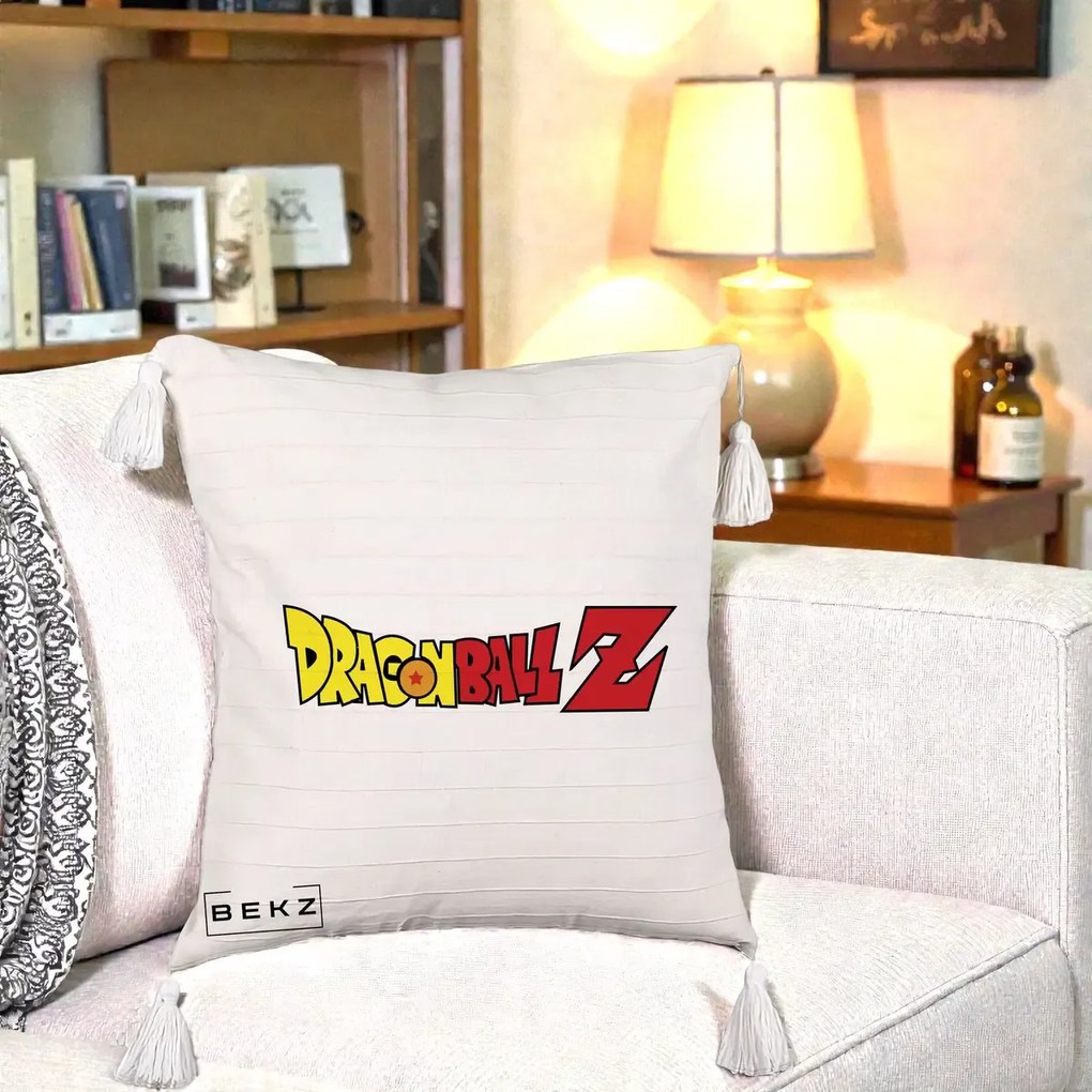 Perna Personalizata Dragon Ball Z Clasic, 40x40 cm, Bej cu Franjuri, Husa Detasabila, Perna Inclusa, BEKZ®