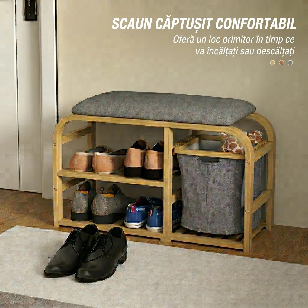 HOMCOM Bancă pentru Pantofi din Bambus cu 2 Rafturi și Coș Detașabil, 70x30x45 cm, Lemn | Aosom Romania
