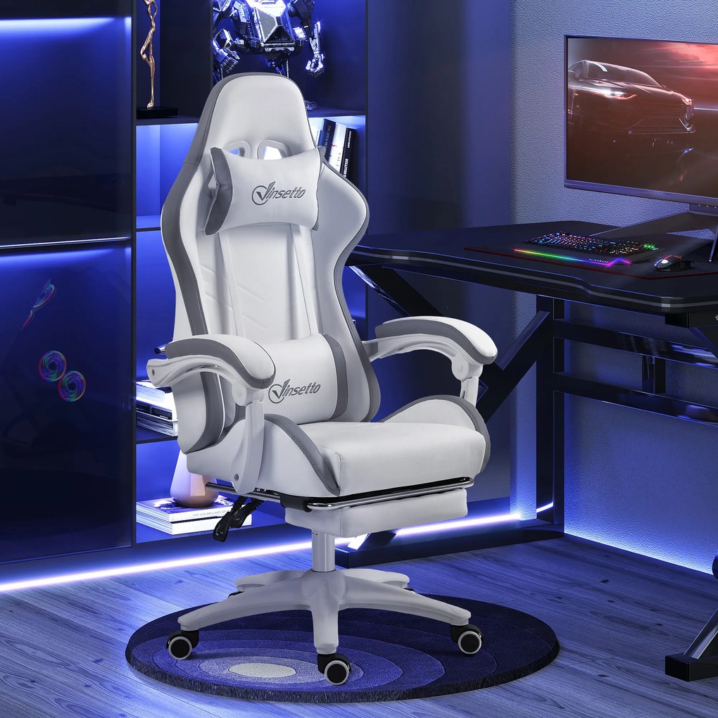 Vinsetto Scaun gaming fauteuil gaming ergonomic cu spătar inclinabil la 135° și suport lombar, 65 x 65 x 121-129 cm alb | Aosom Romania