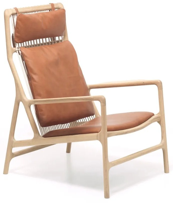 Fotoliu cu structură din lemn masiv de stejar şi șezut din piele bivol Gazzda Dedo, maro cognac