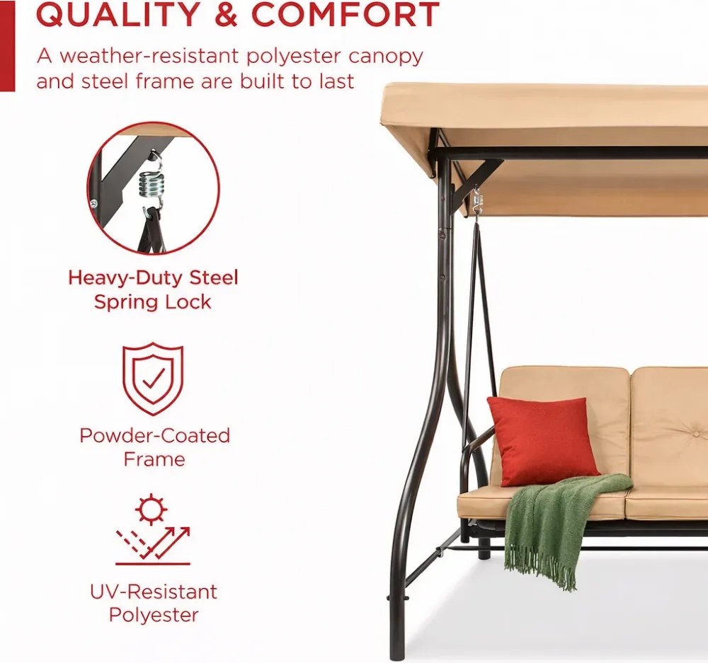 Leagan de grădină, șezlong tip pat, 3 locuri, copertina reglabila, cadru otel, 194x120x173 cm, Bej Tan