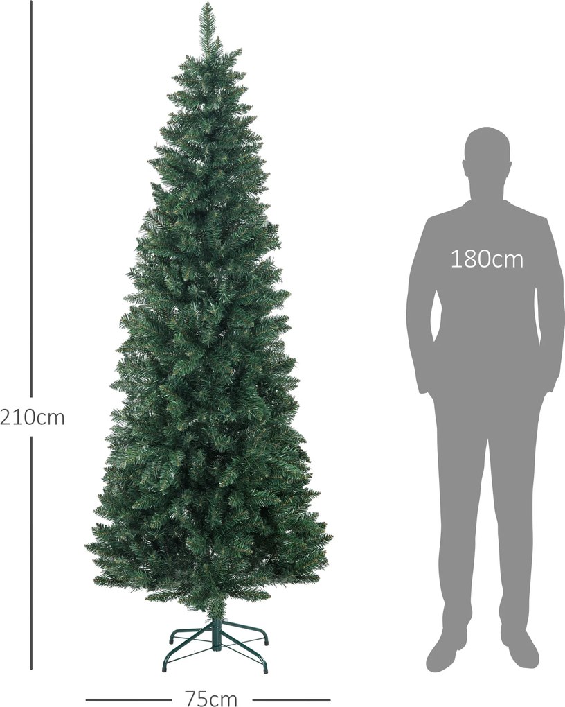 HOMCOM Brad Artificial de Crăciun cu 687 Ramuri, Brad de Crăciun Înalt și Îngust cu Bază Pliabilă, Ø75x210 cm, Verde | Aosom Romania