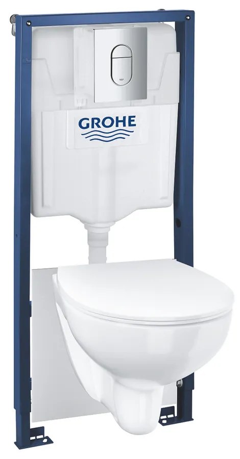 Set vas WC suspendat Grohe Solido 5 in 1 rezervor incastrat cu clapeta crom Arena si capac Bau Ceramic