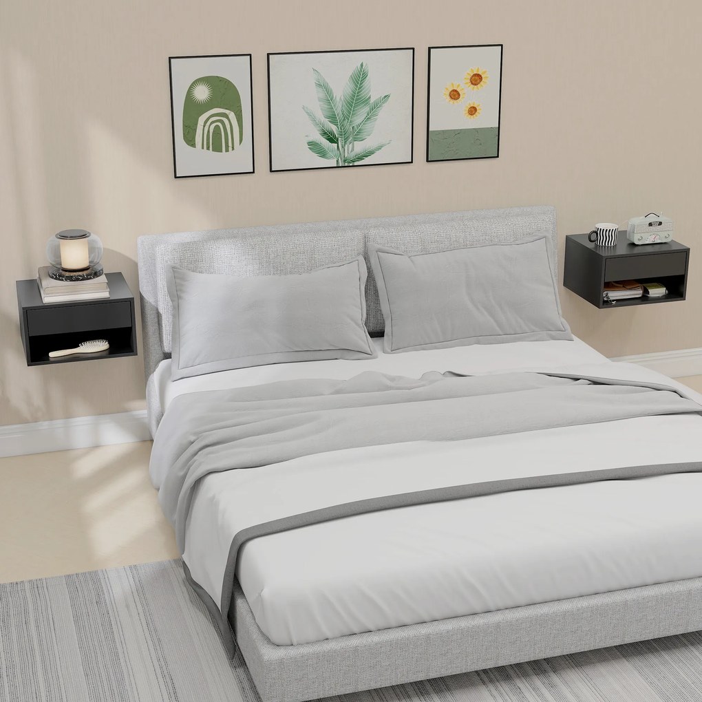 HOMCOM Set de 2 noptieri montate pe perete, sertar, compartiment deschis, blat, 37 x 32 x 21 cm, negru | Aosom Romania