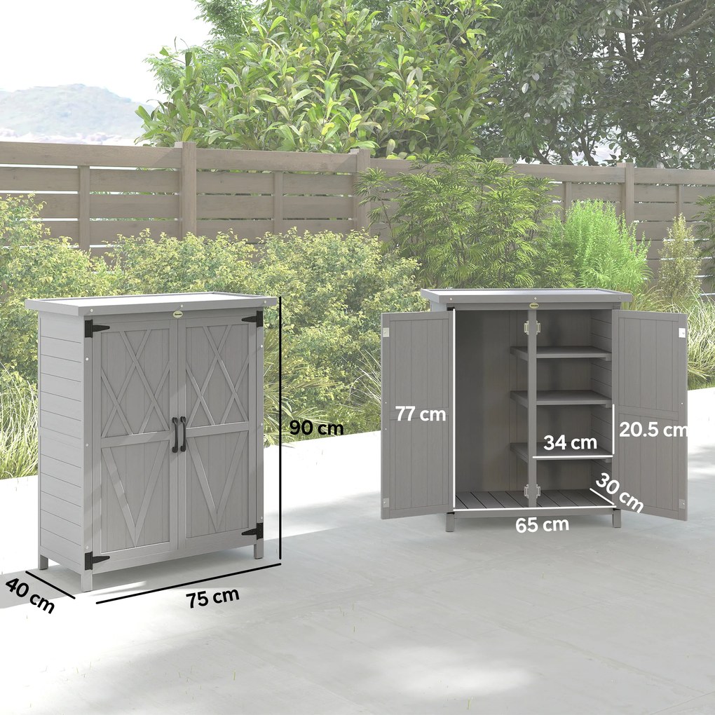 Outsunny Adăpost de grădină dulap 3 rafturi 2 uși acoperiș din tablă galvanizată etanș lemn masiv 75 x 40 x 90 cm gri | Aosom Romania