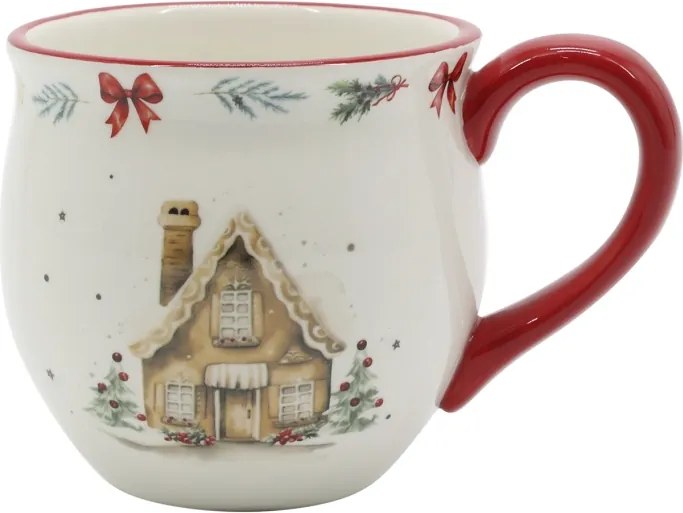 Cană din ceramică albă cu motive de Crăciun și mâner roșu, 9.5x10 cm, „Chalet de Noël"
