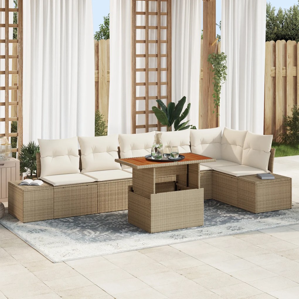 vidaXL Set de Masă pentru Grădină , 7 Piese, cu Perne Bej din Rattan și Lemn de Acacia