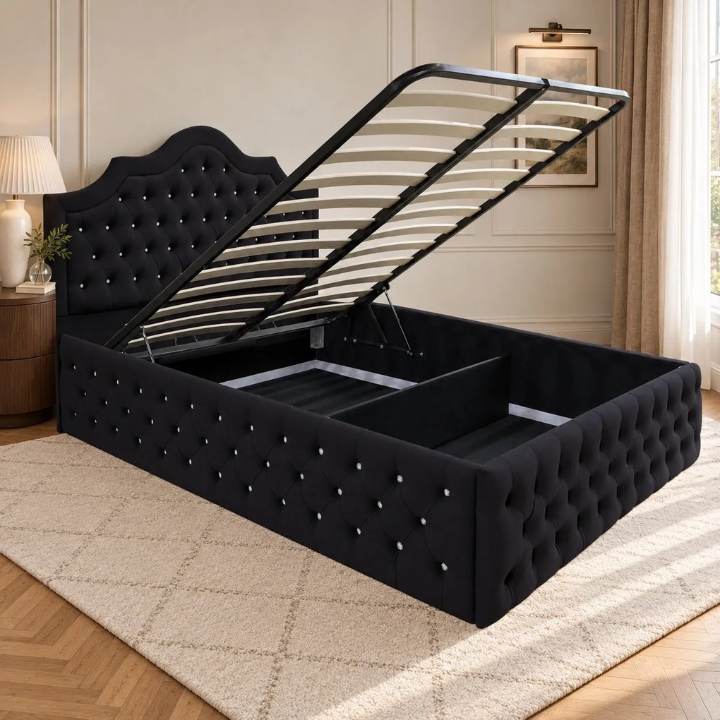 Pat tapițat Chesterfield din catifea Imperio Deluxe 160×200 cm, negru, cu ladă de depozitare