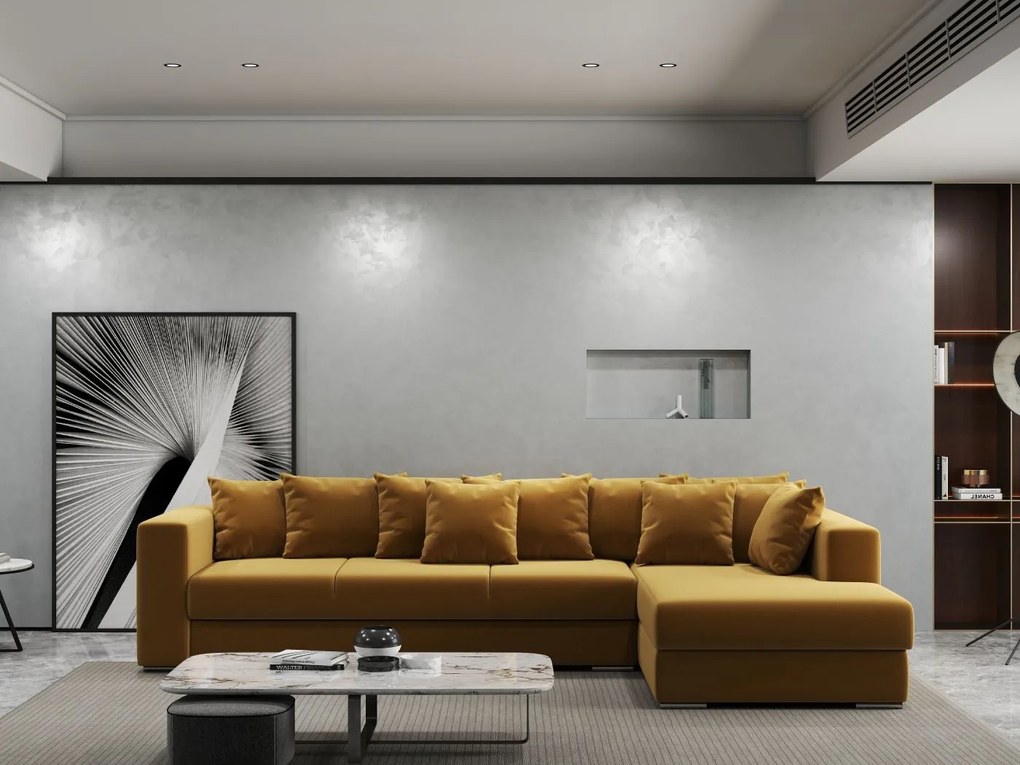 Colțar extensibil dumonde cu ladă de depozitare si sezut confortabil din spuma high-density, Gloria Royal Mustar II 320x183 cm