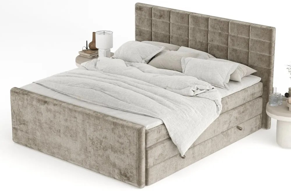 Pat boxspring maro deschis cu spațiu de depozitare 200x200 cm Ava – Maison de Rêve