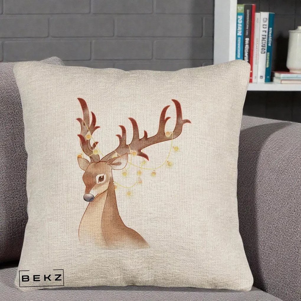 Perna Decorativa Ren cu Luminite de Craciun, 40x40 cm, Bej Canapea, Husa Detasabila, Perna Inclusa, BEKZ®
