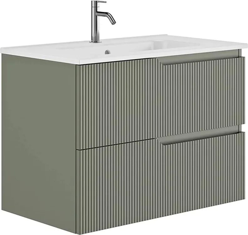 Set dulap baza suspendat Gala Canaletto 2 sertare 80 cm finisaj verde si lavoar Luc alb