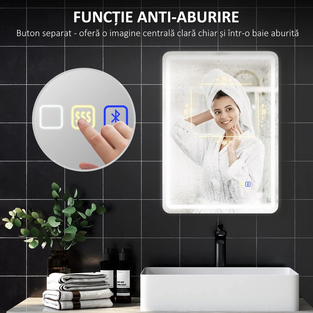 HOMCOM Oglindă de Baie Bluetooth LED 50 x 70 cm cu Anticeață - Argintiu | Aosom Romania