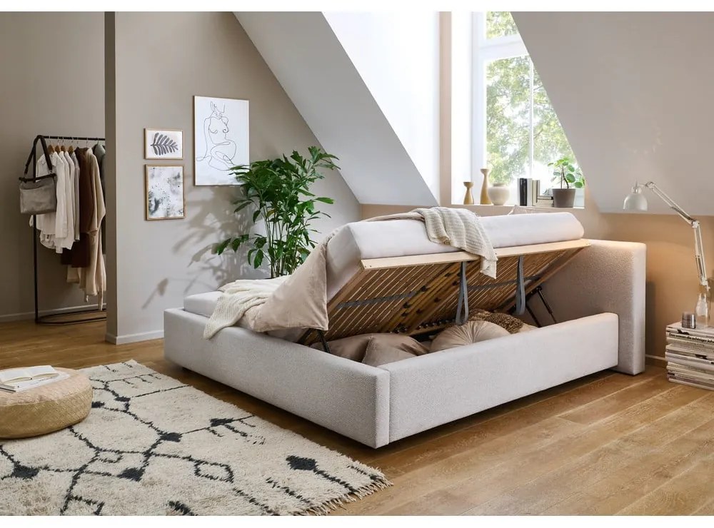 Pat matrimonial gri deschis tapițat cu spațiu de depozitare cu somieră 160x200 cm Cube – Meise Möbel