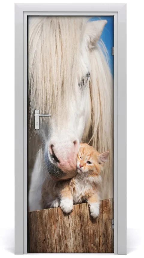 Autocolante pentru usi cal alb cu o pisică