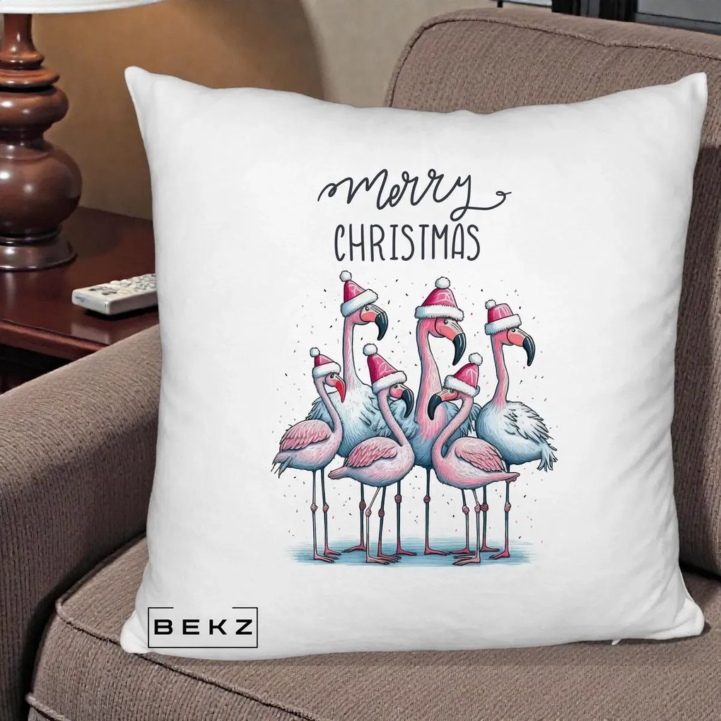 Perna Decorativa Flamingo Merry Christmas, 40x40 cm, Alb Pufos, Husa Detasabila, Perna Inclusa, BEKZ®
