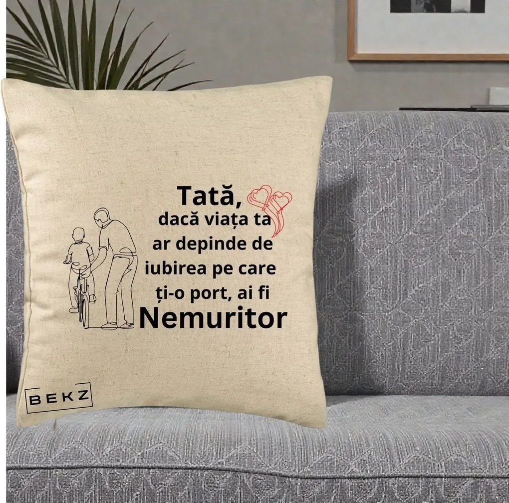 Cadou pentru Tata - Perna Personalizata Tata Nemuritor Bicicleta, 40x40 cm, Bej, Husa Detasabila, Perna Inclusa, BEKZ®