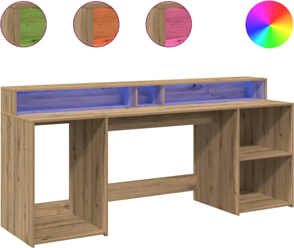 vidaXL Birou cu lumini LED stejar artizanal 200x55x91cm lemn prelucrat