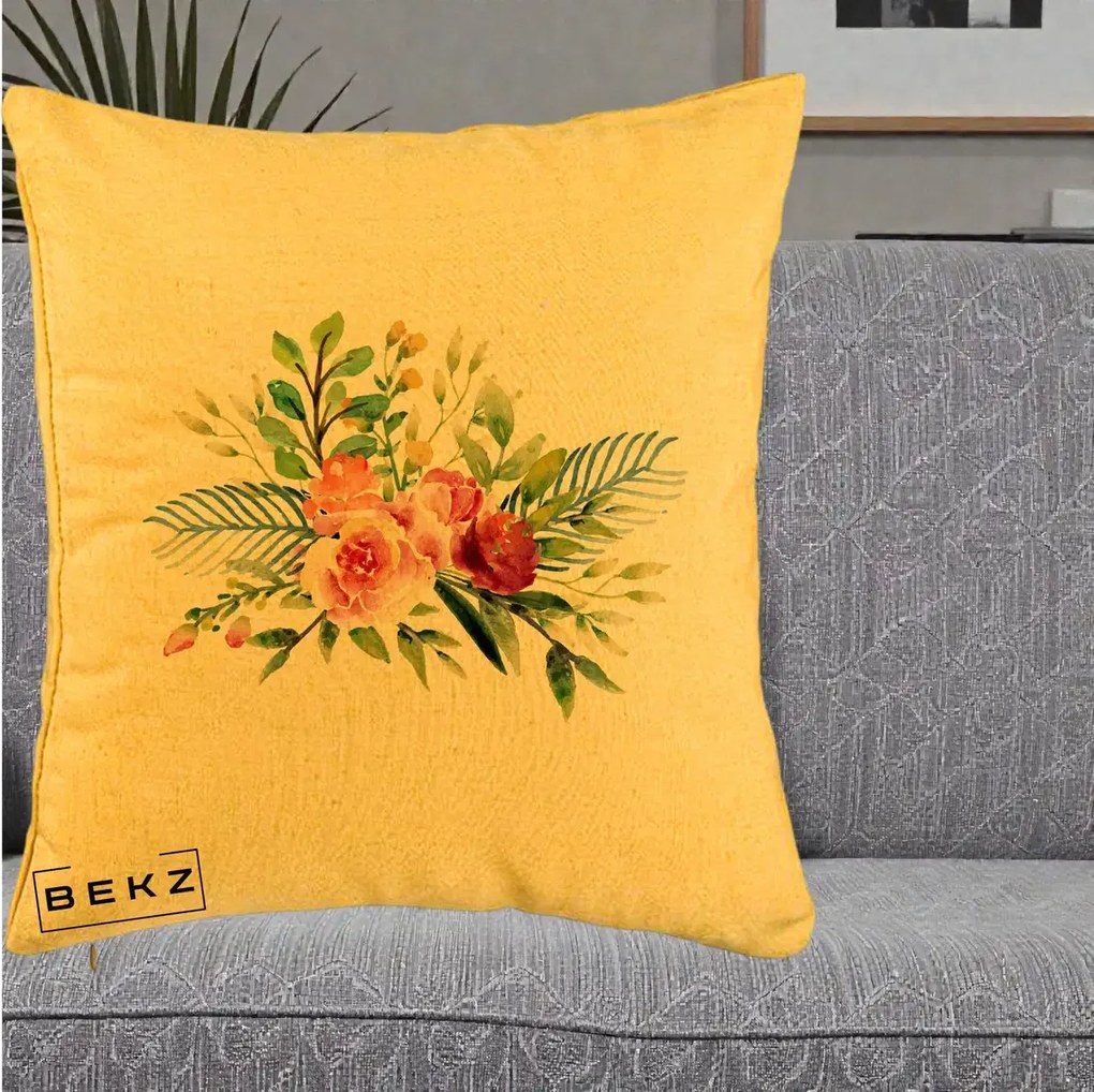 Perna Decorativa Buchet Flori Acuarela Roz-Verde, 40x40 cm, Galben, Husa Detasabila, Perna Inclusa, BEKZ®