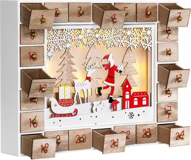 Calendar advent din lemn SANTA CLAUS cu iluminare, 35x6x27cm, alb/maro Spielwerk