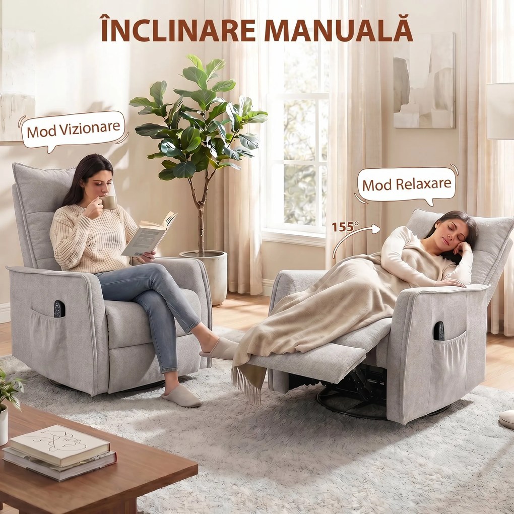 HOMCOM Fotoliu Masaj Reclinabil cu Încălzire Rotativ din Chenille cu Suport pentru Picioare și Telecomandă, Gri Deschis | Aosom Romania