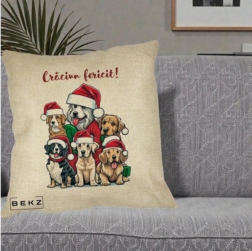 Perna Decorativa Caini cu Bonete Craciun Fericit, 40x40 cm, Crem, Husa Detasabila, Perna Inclusa, BEKZ®