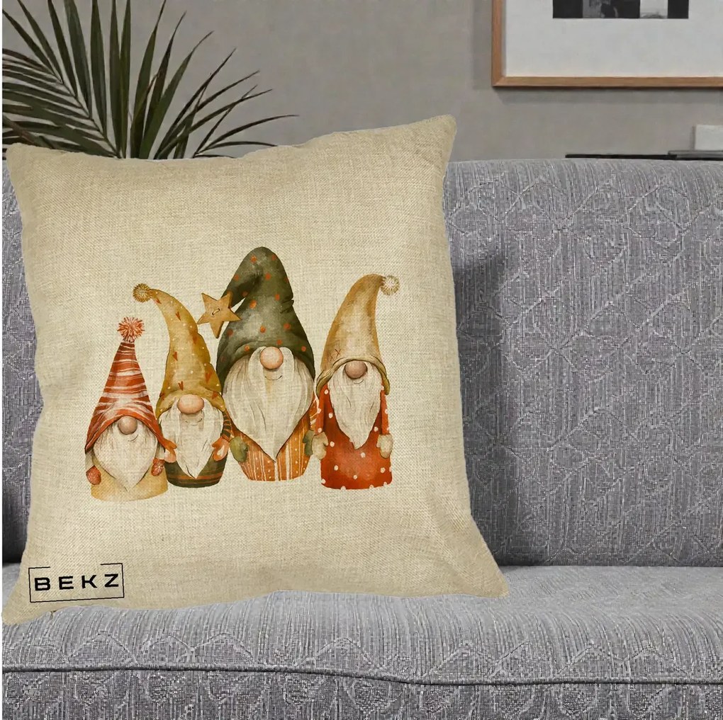Perna Decorativa Gnomi de Craciun Patru, 40x40 cm, Crem, Husa Detasabila, Perna Inclusa, BEKZ®