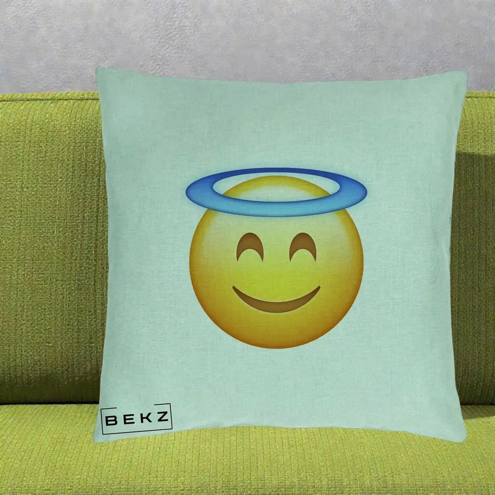 Perna Decorativa Emoji Inger cu Aureola, 40x40 cm, Verde Menta, Husa Detasabila, Perna Inclusa, BEKZ®