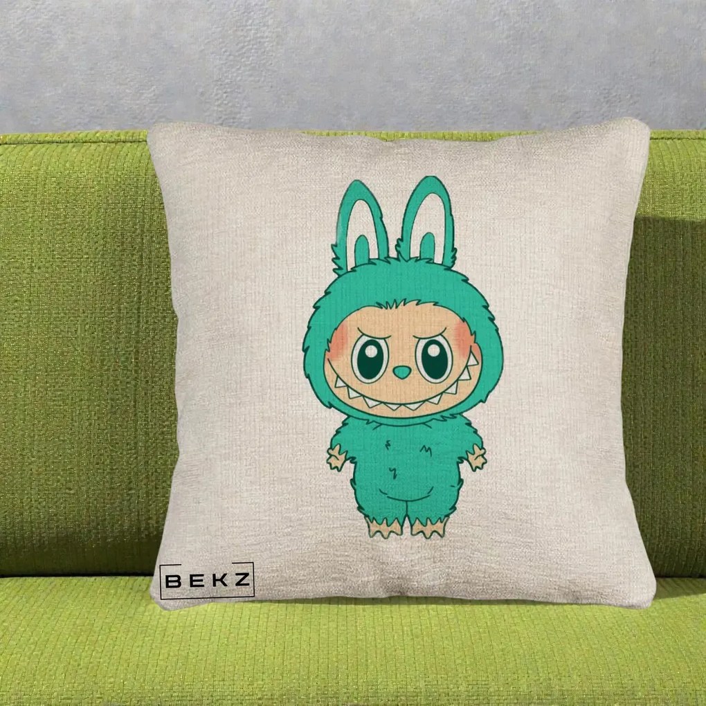 Perna Personalizata Labubu Turcoaz, 40x40 cm, Bej Canapea, Husa Detasabila, Perna Inclusa, BEKZ®