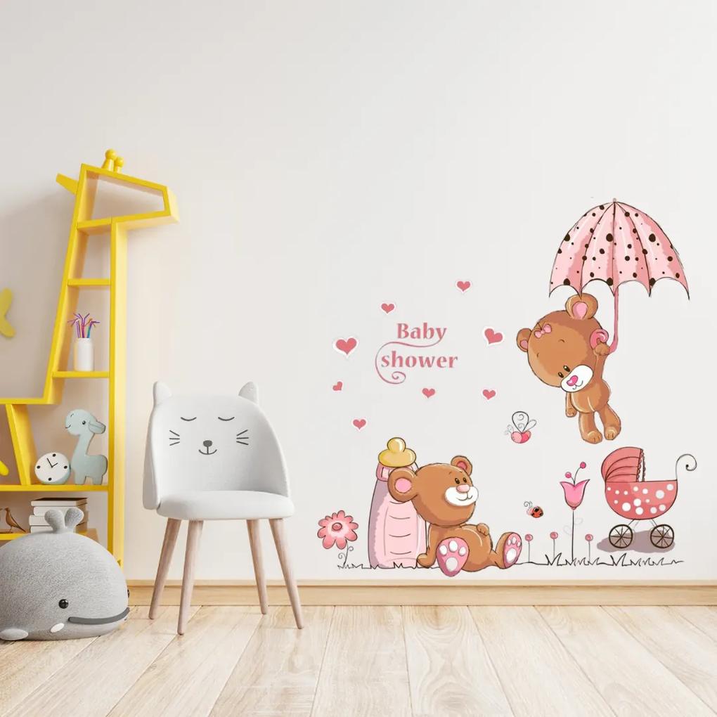 Autocolant de perete "Ursuleți de pluș roz" 77x77cm
