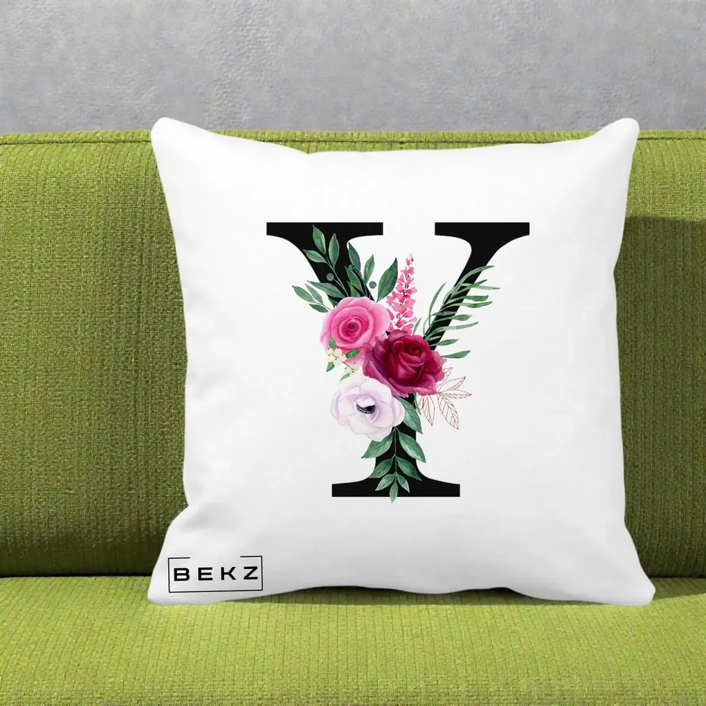 Cadou Personalizat - Perna Personalizata Monograma Florala Litera Y cu Buchet, 40x40 cm, Alba Mata, Husa Detasabila, Perna Inclusa, BEKZ®