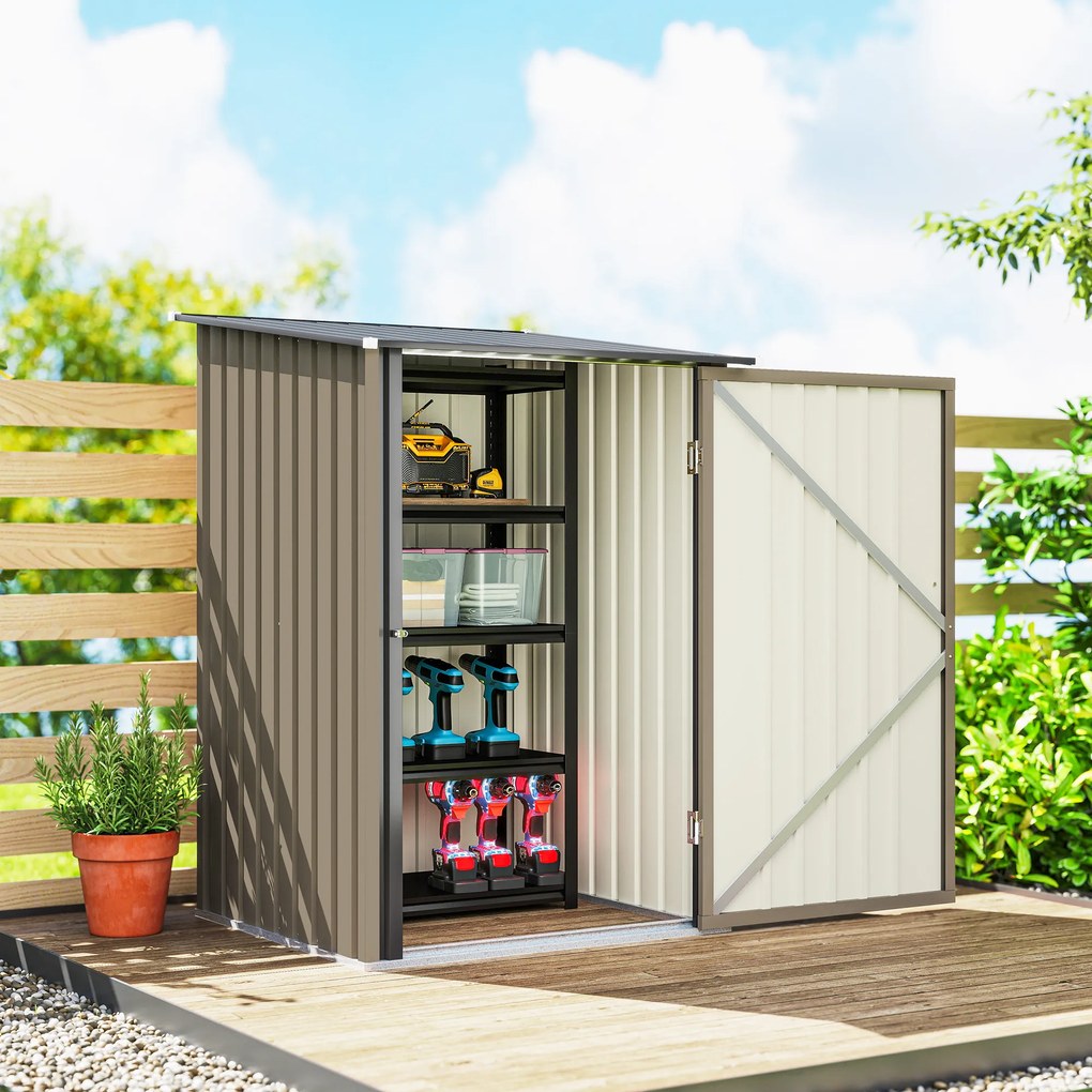 Outsunny Căsuță de Grădină 0.92m² din Oțel Galvanizat, Căsuță pentru Unelte cu Ușă Blocabilă și Acoperiș Înclinat, 100x104x160 cm, Maro și Gri Închis | Aosom Romania