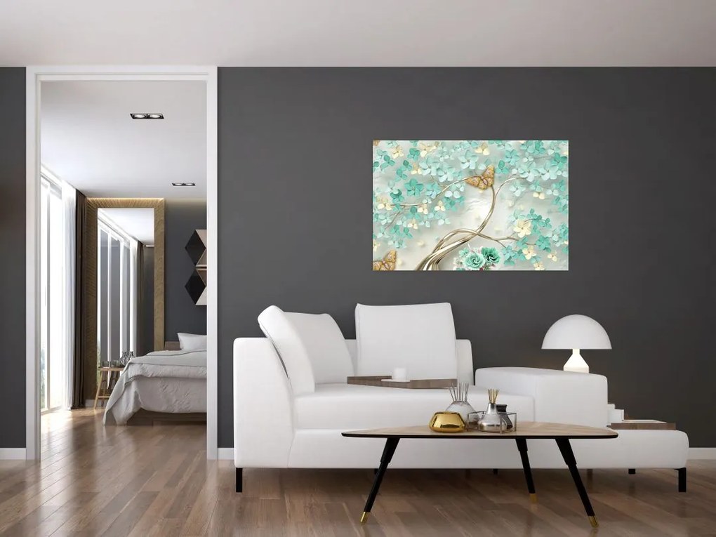 Tablou cu flori și fluturi (90x60 cm)