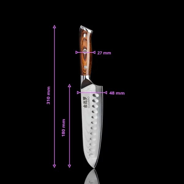 Gudaro - Cuțit de bucătărie Santoku din oțel Damasc FENG 7,5", cu 67 de straturi de oțel, lungime 18 cm