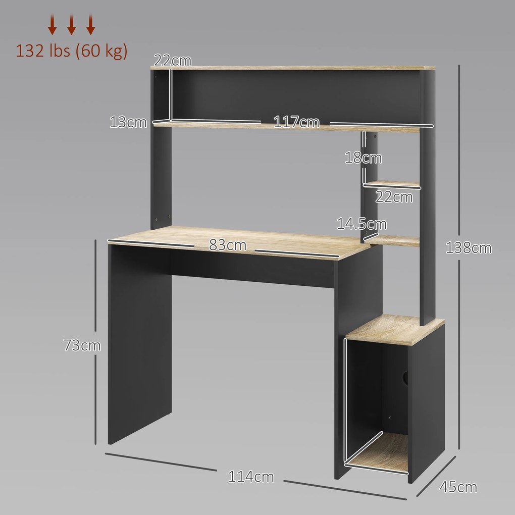 HOMCOM Oficiu cu 3 Rafturi, Birou din Lemn cu Suport CPU, 114x45x138 cm, Gri și Lemn Natural | Aosom Romania