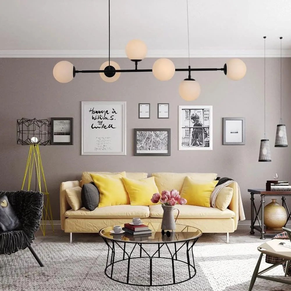 Lustră Pendul Asimetrică cu 6 Globuri și Structură Metalică, DM8323/6, Negru – Ideală pentru Spații Moderne și Birouri Elegante