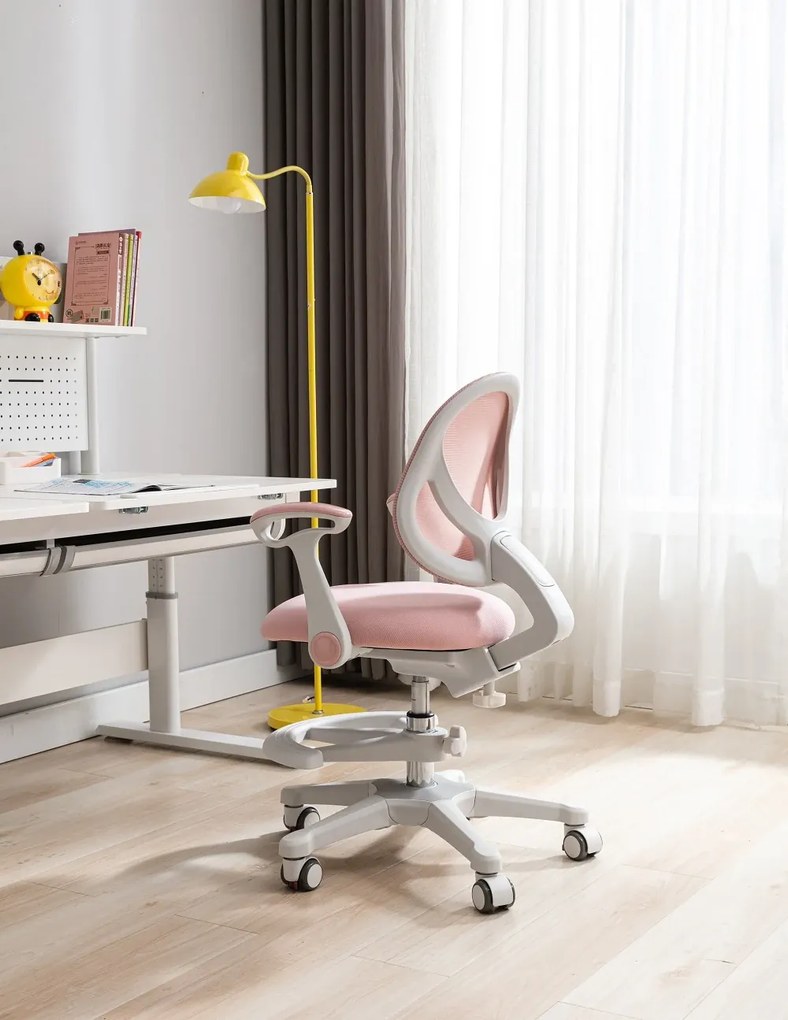 FlexGrow Junior YB1059 - Scaun Ergonomic pentru Copii, spatar reglabil, cotiere reglabile, inaltime reglabila, suport picioare ajustabil, Mesh, Roz