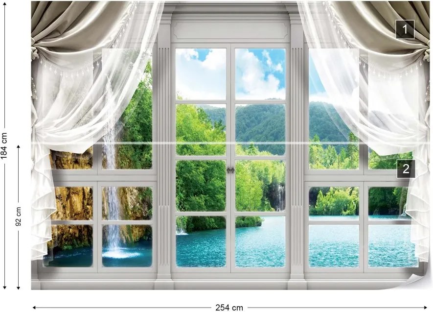GLIX Fototapet - 3D Door View Waterfall Lake Forest Vliesová tapeta  - 254x184 cm