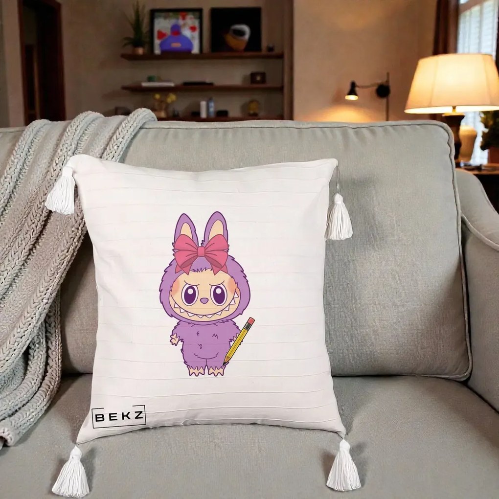 Perna Personalizata Labubu Mov cu Funda Rosie si Creion, 40x40 cm, Bej cu Franjuri, Husa Detasabila, Perna Inclusa, BEKZ®