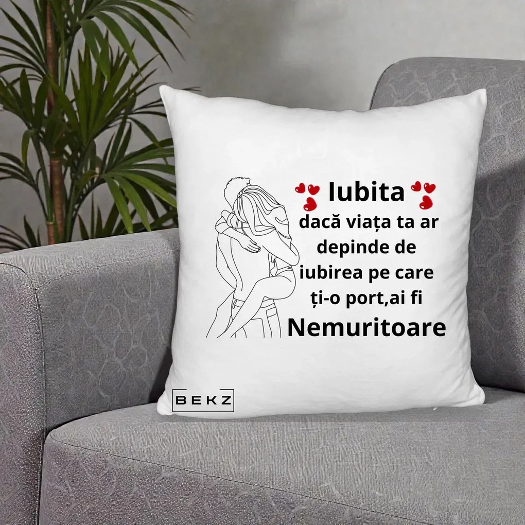 Cadou pentru Iubita - Perna Personalizata Iubita Nemuritoare cu Cuplu Line-Art si Inimi Rosii, 40x40 cm, Alb Pufos, Husa Detasabila, Perna Inclusa, BEKZ®