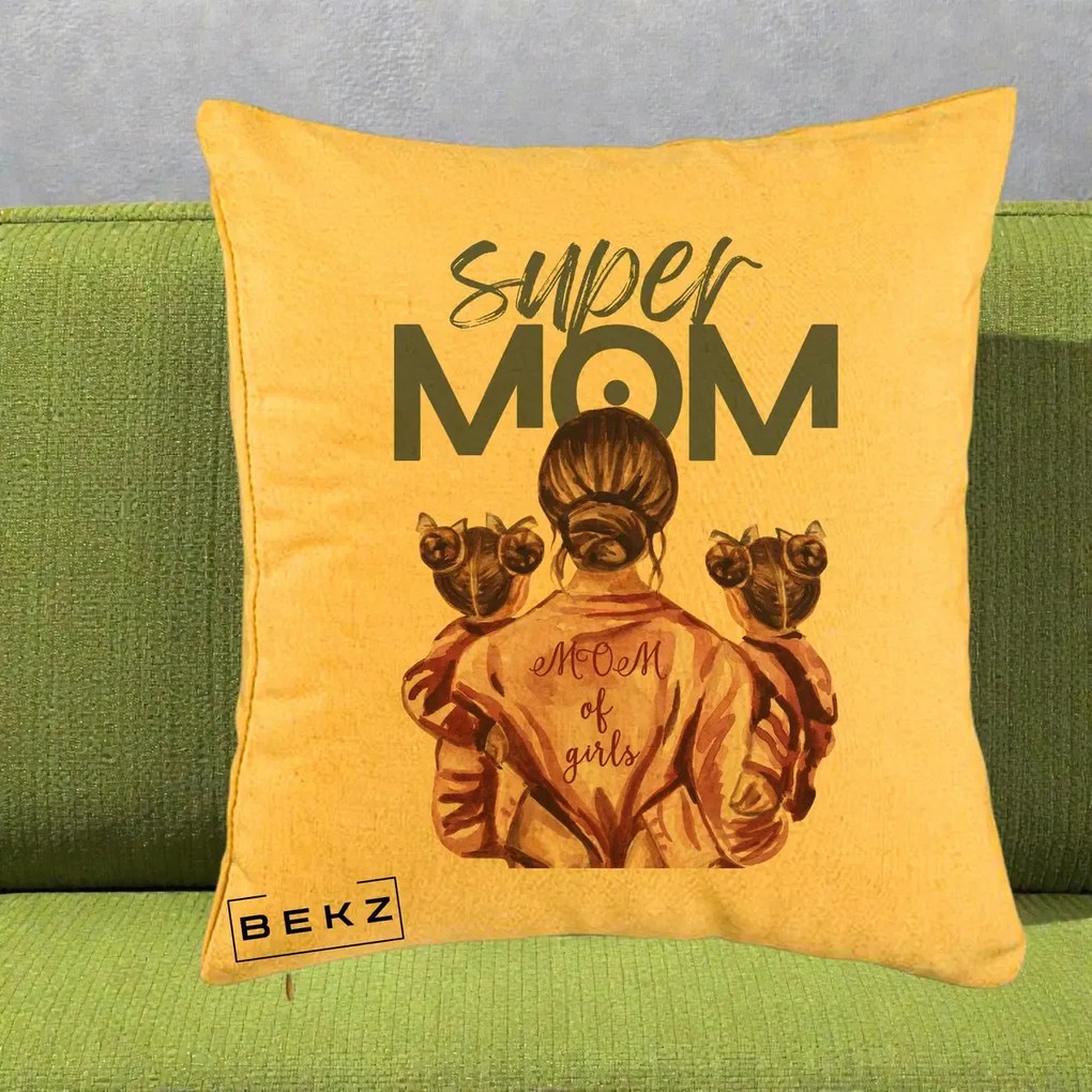 Cadou pentru Mama - Perna Personalizata Super Mom of Girls Mama cu Gemene, 40x40 cm, Galben, Husa Detasabila, Perna Inclusa, BEKZ®