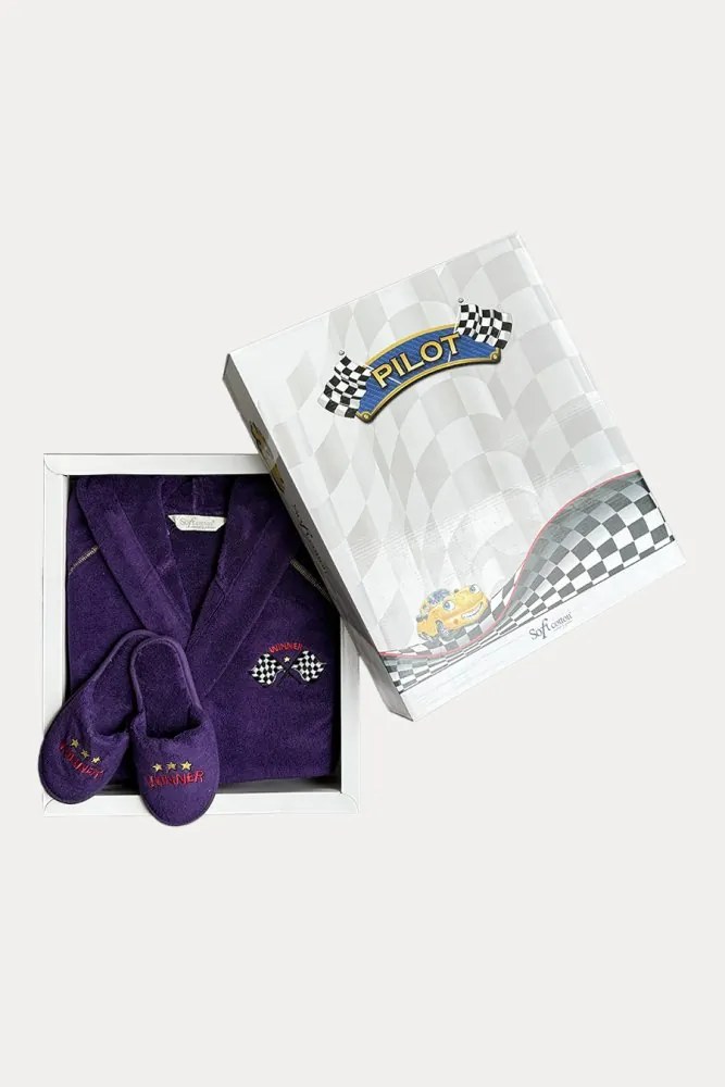 Halat pentru copii PILOT + papuci în cutie cadou 2 ani (mărime 92 cm) Violet