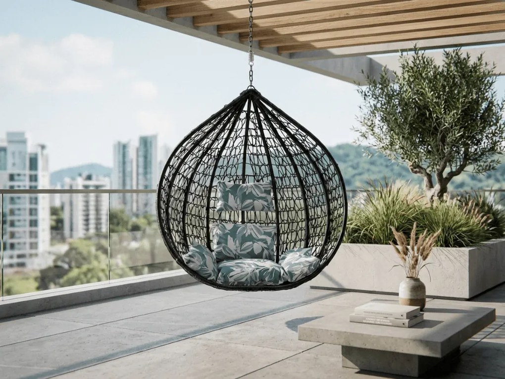 Fotoliu suspendat negru KOKON fara suport, pernă verde-albă