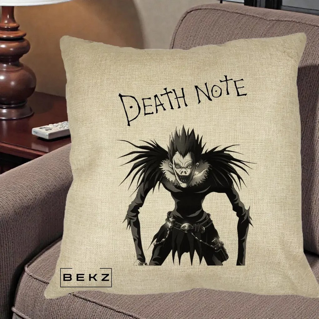 Perna Personalizata Death Note Ryuk Shinigami Alb-Negru, 40x40 cm, Crem, Husa Detasabila, Perna Inclusa, BEKZ®