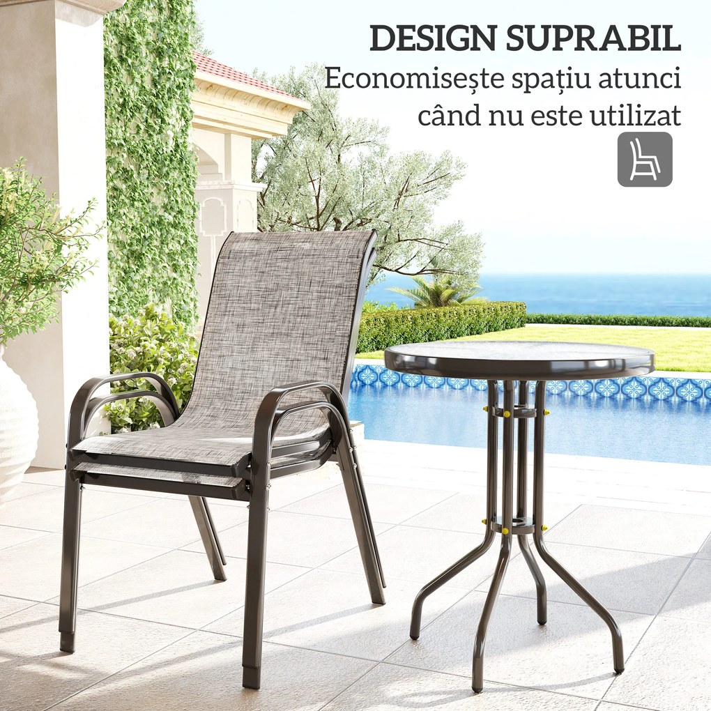Outsunny Set Mobilier de Grădină din 3 Piese cu Scaune Suprapozabile și Masă din Sticlă, 54x71x93 cm, Gri Închis | Aosom Romania